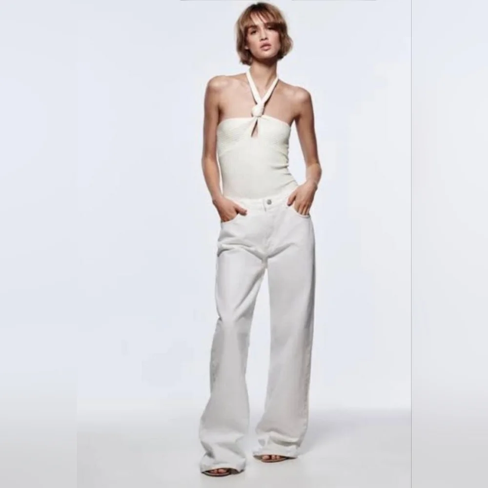 Zara Ribbed Knotted Front Bodysuit in Pearl White - Picture 1 of 8